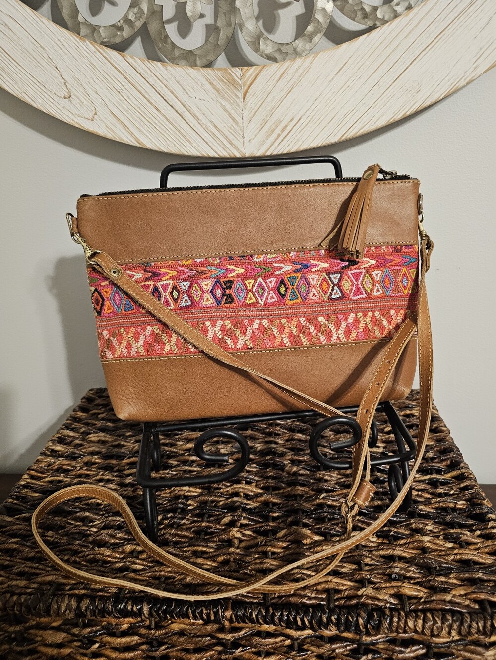 Stylish Tan Crossbody Bag with Red Embroidered Accent